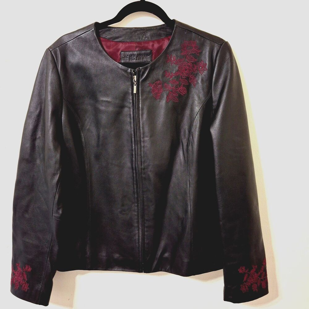 Jaclyn Smith Classic Black Leather Embroidered Wine XL NWOT Y2K Boho Cottagecore